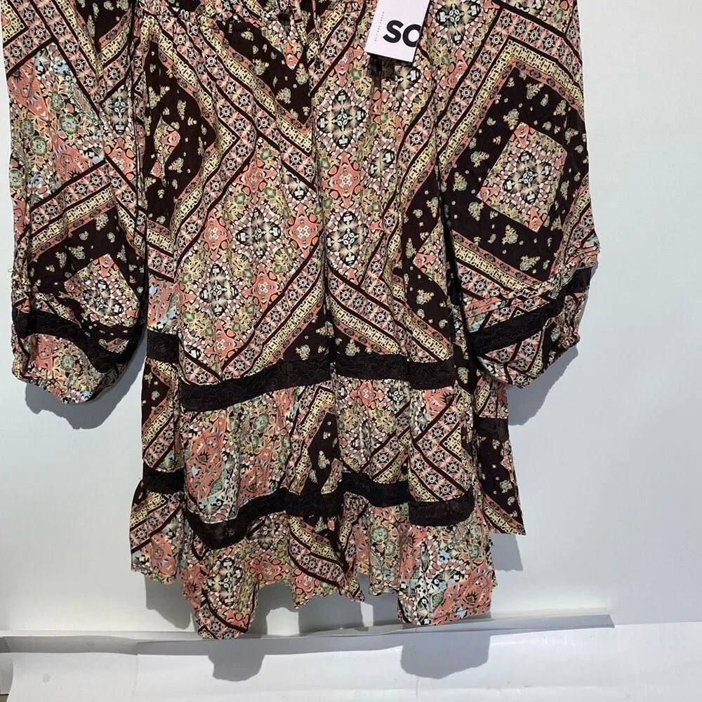 SO Women's Brown‎ Multi Lace Inset Tiered Long Sleeve Babydoll Dress Medium NWT